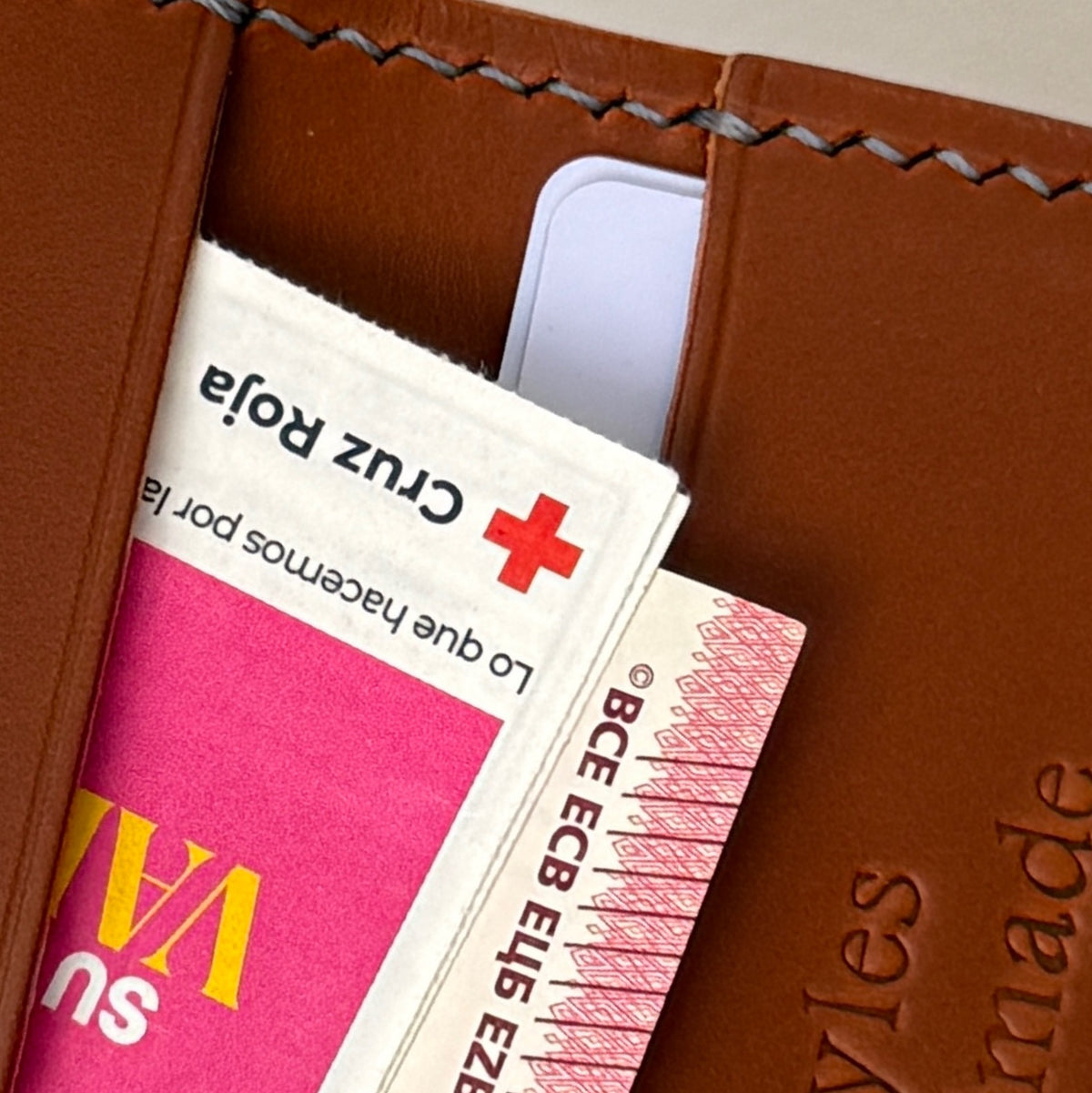 Hand-Stitched Card/Cash Wallet. Cognac Leather