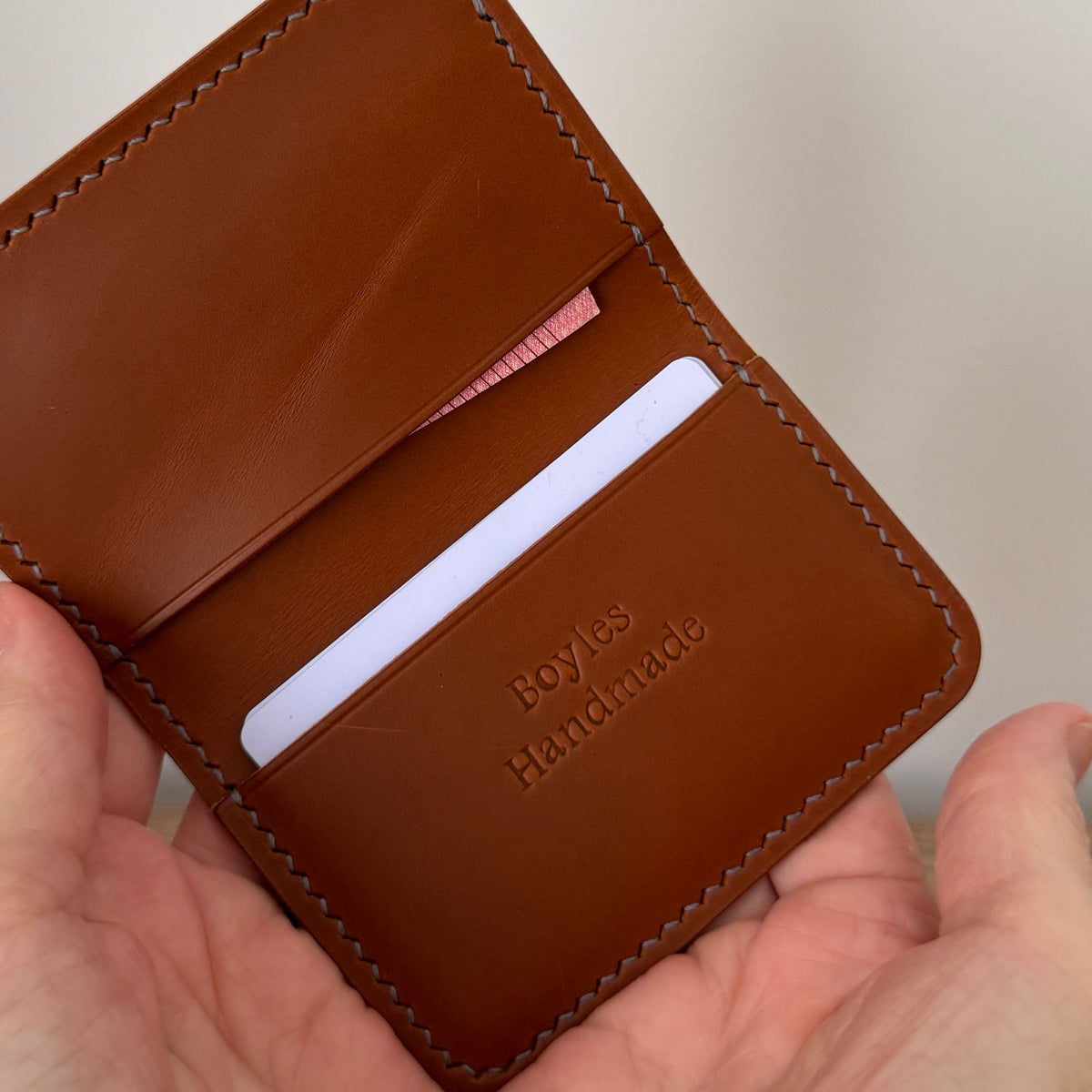 Hand-Stitched Card/Cash Wallet. Cognac Leather