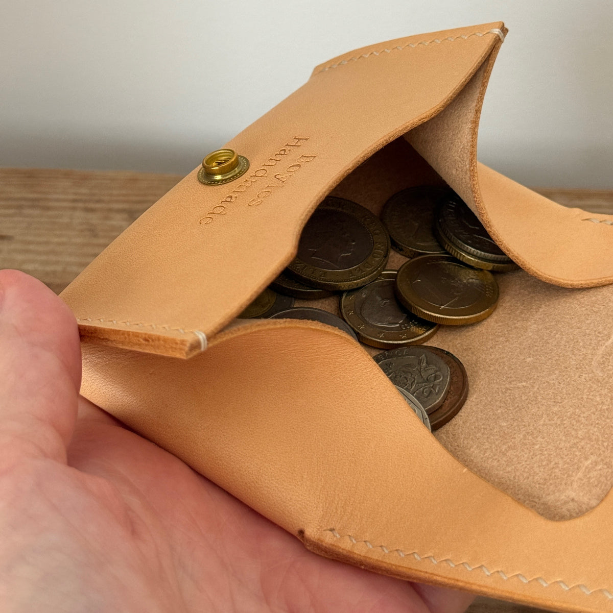 Hand-Stitched Coin Pouch. Natural color Vegetable-Tanned Leather