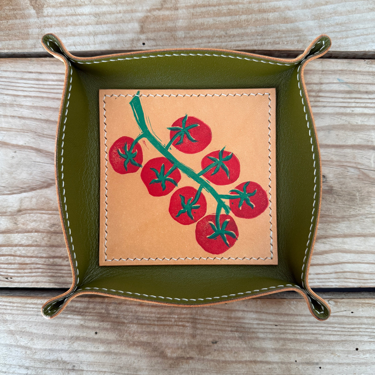 Hand-Stitched & Hand-Printed Valet Tray - Cherry Tomato + Olive Green Goatskin Lining