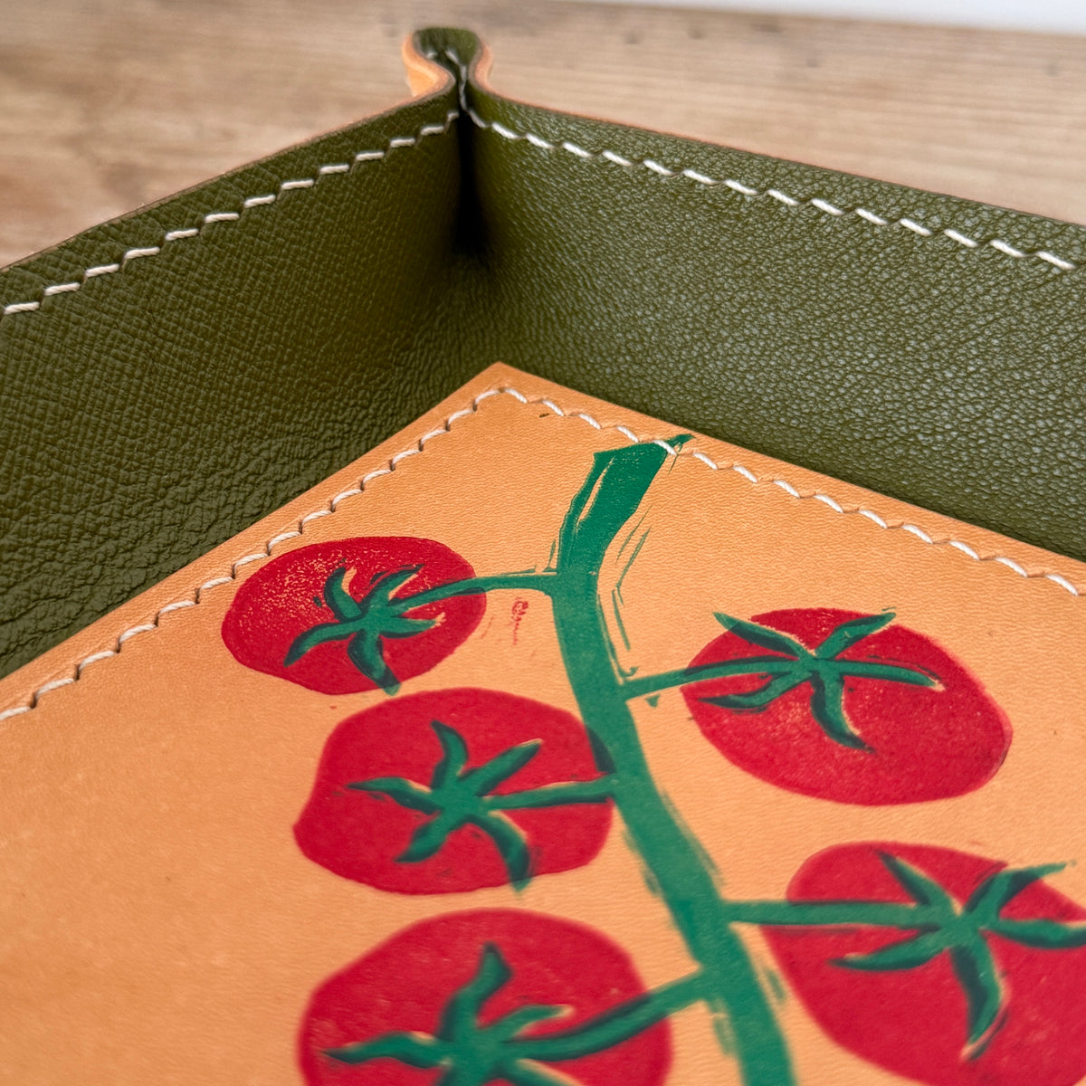 Hand-Stitched & Hand-Printed Valet Tray - Cherry Tomato + Olive Green Goatskin Lining