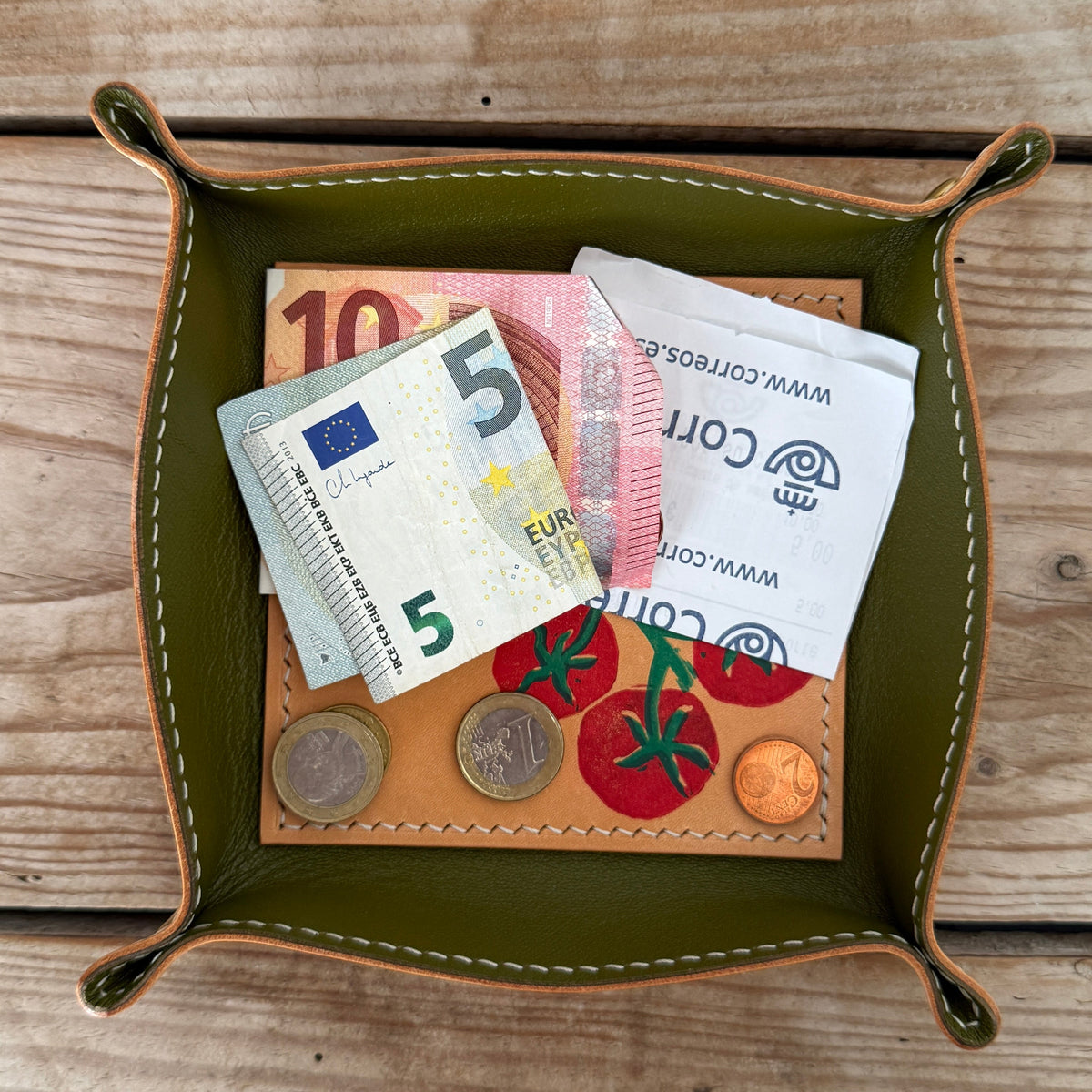 Hand-Stitched & Hand-Printed Valet Tray - Cherry Tomato + Olive Green Goatskin Lining